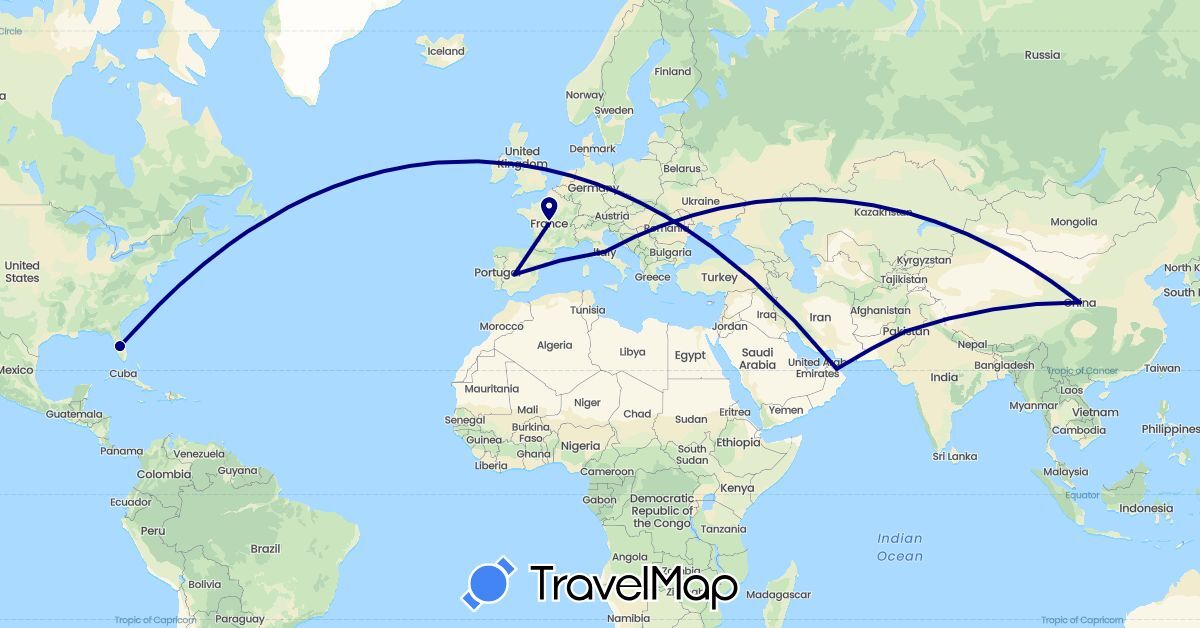 TravelMap itinerary: driving in China, Spain, France, Italy, Oman, Pakistan, United States (Asia, Europe, North America)